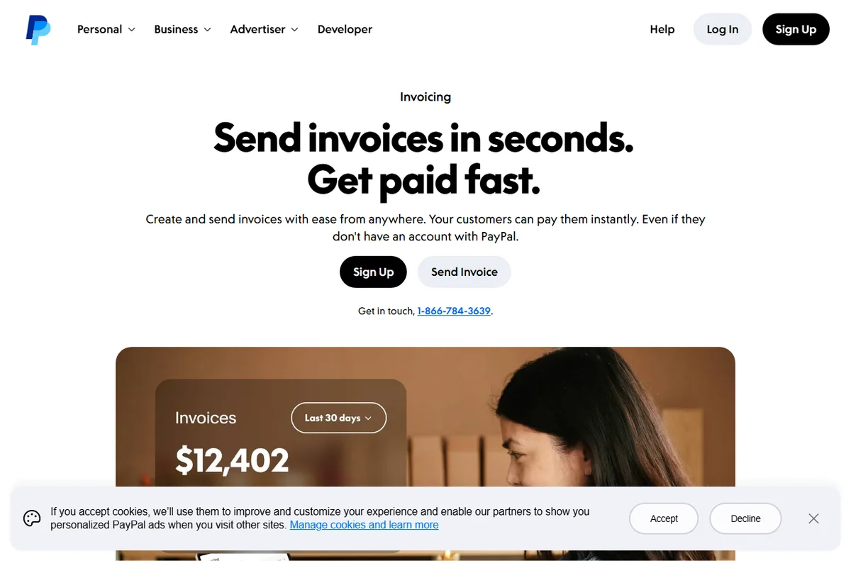 PayPal invoicing page to create and send an invoice online