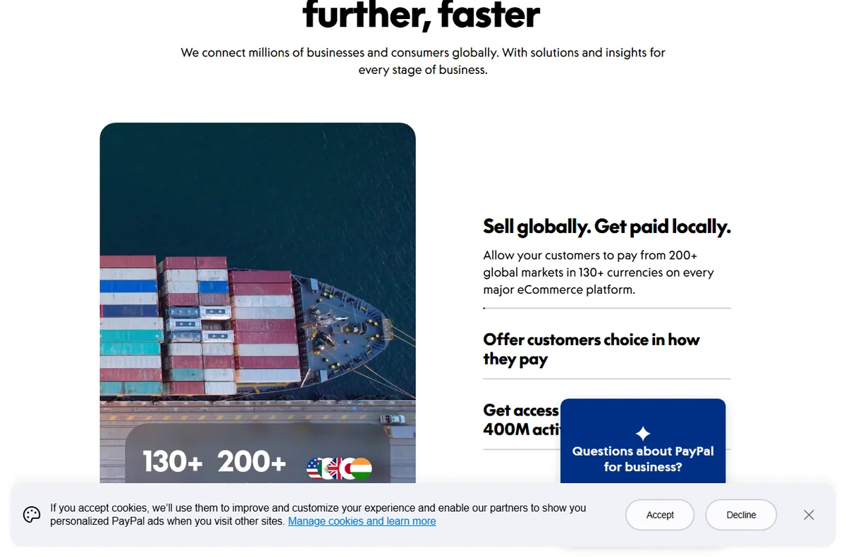 PayPal business page section on sales reporting and insights
