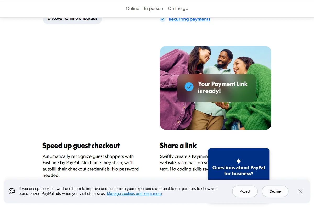 PayPal payments page section covering recurring billing and subscriptions