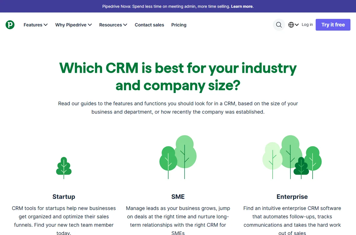 Pipedrive industry pages for different sales teams