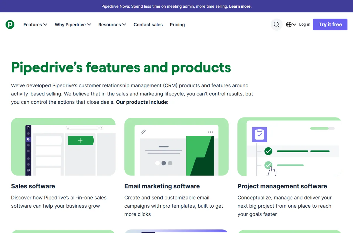 Pipedrive features page for pipeline and deal management