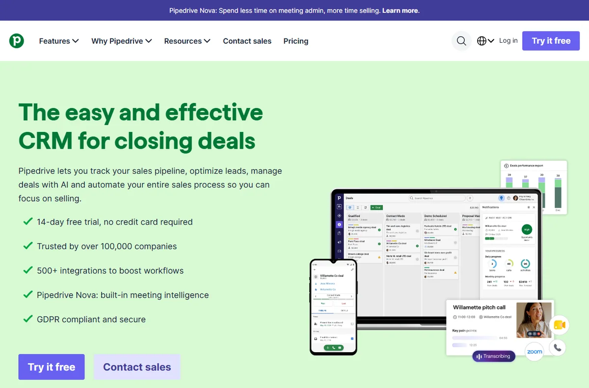 Pipedrive homepage with its sales pipeline view