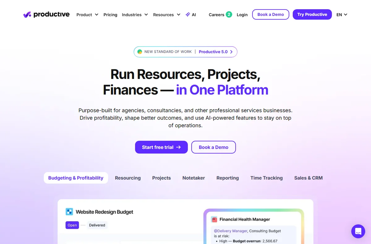 Productive agency management software homepage