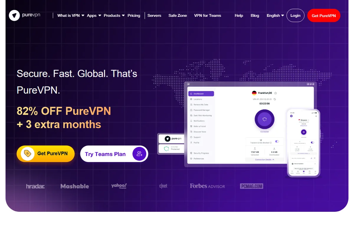 PureVPN official homepage for its VPN service