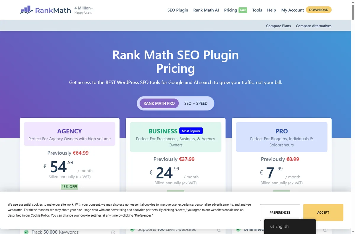 Rank Math pricing plans