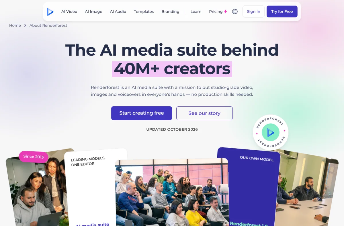 Renderforest about page describing the platform and its users