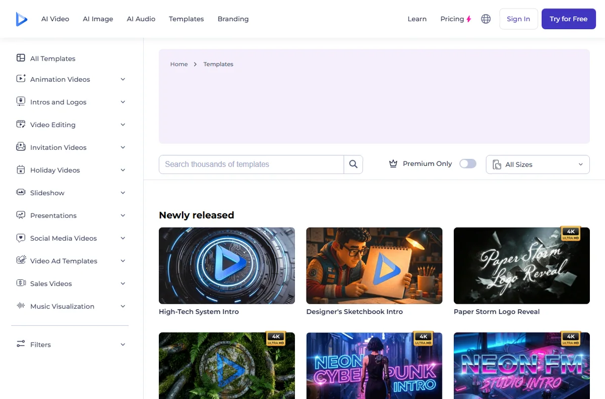 Renderforest features page for online video editing
