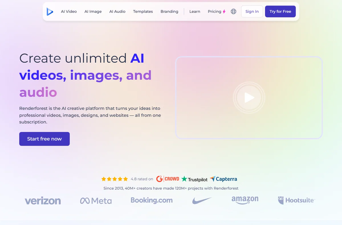 Renderforest homepage for video and website creation