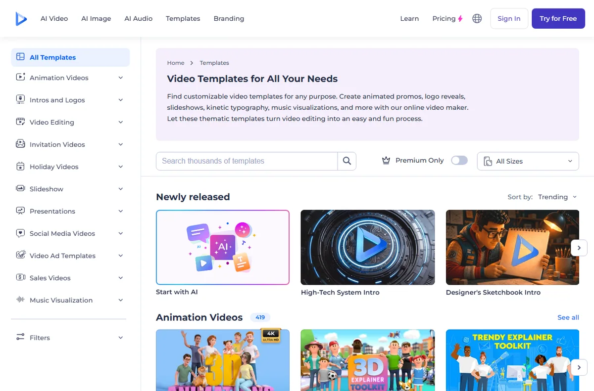 Renderforest template library of video designs