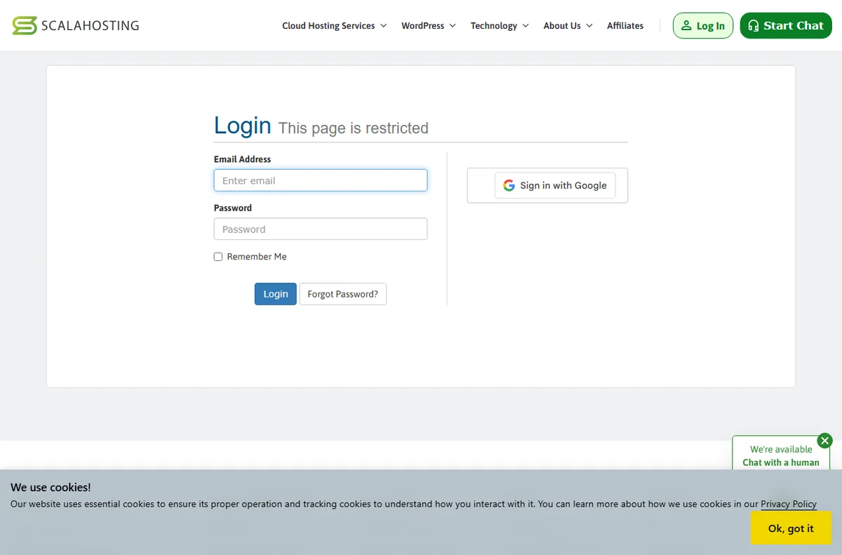 ScalaHosting client area sign-in page