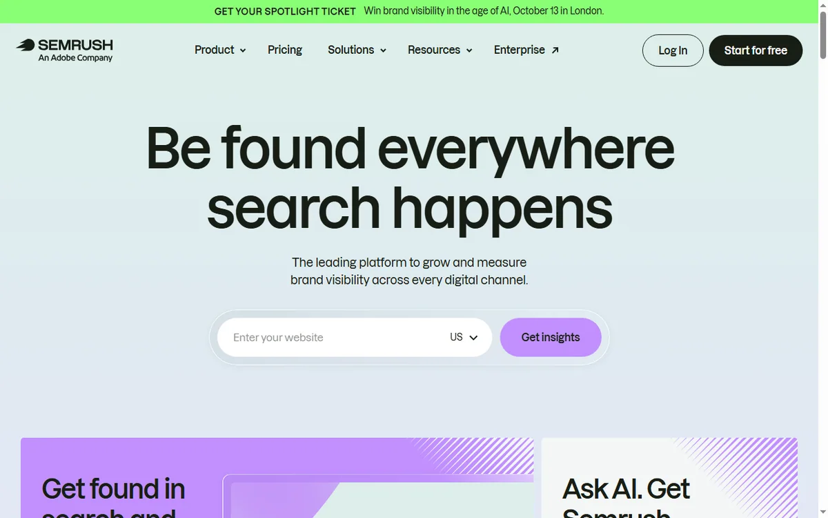 Semrush homepage for SEO and competitor research