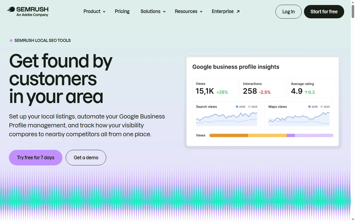 Semrush local SEO tools page for rankings, listings and reviews