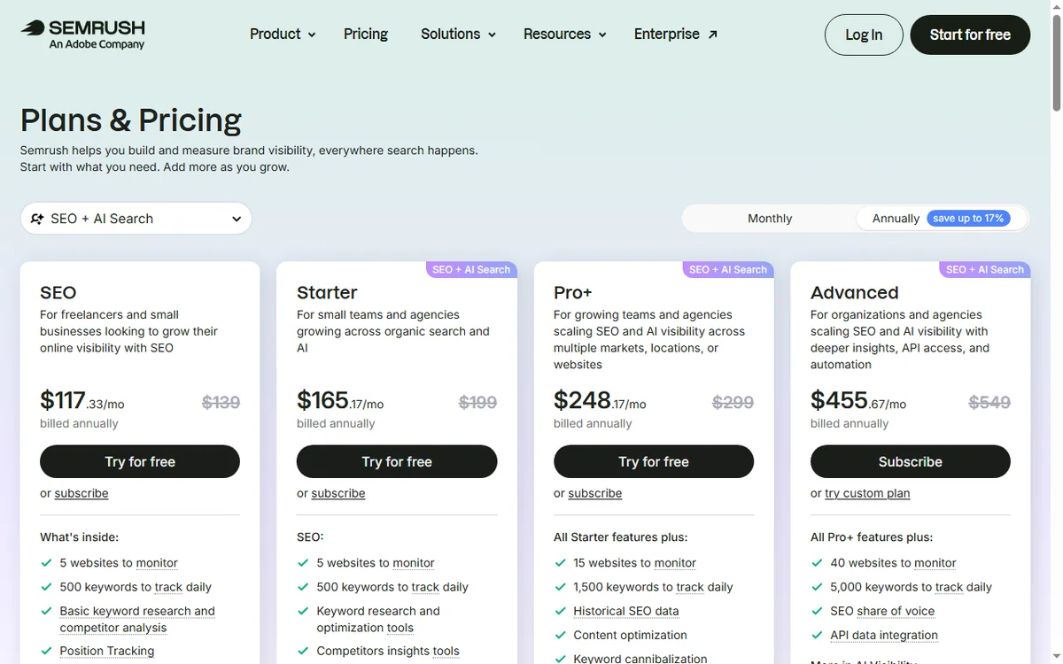 Semrush pricing page with plan tiers