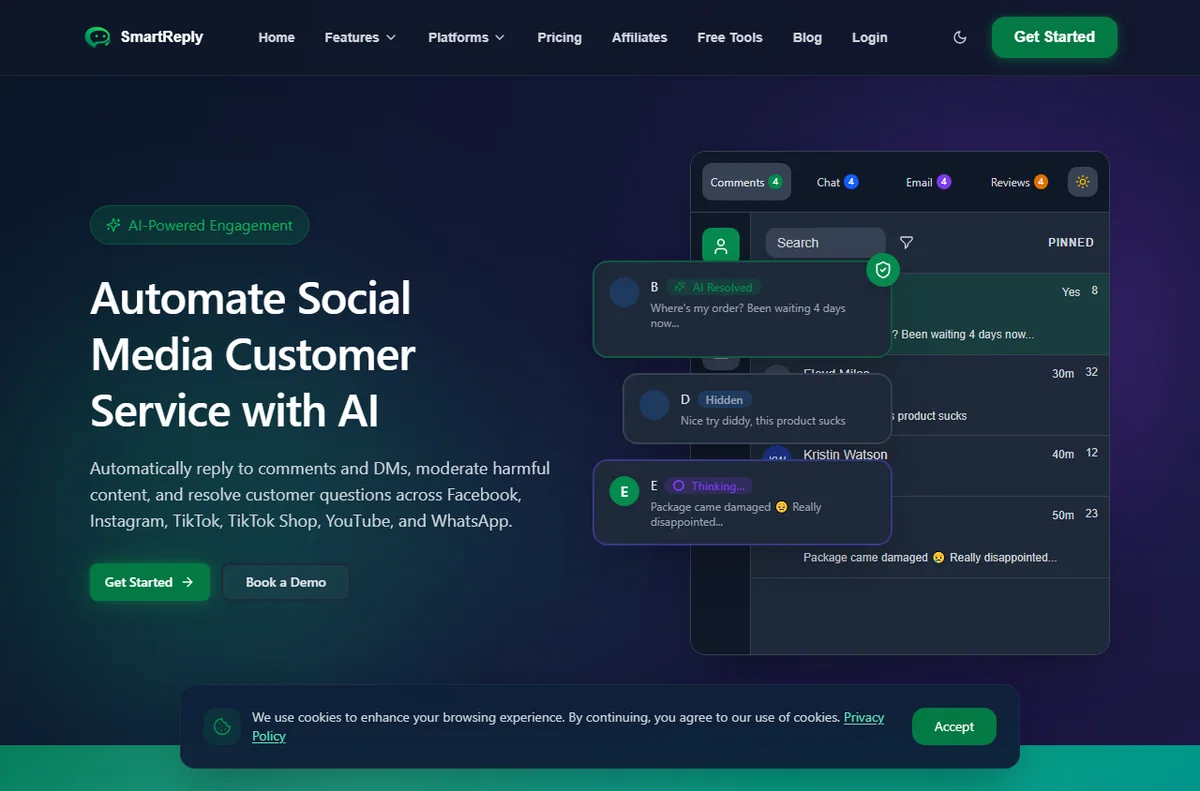 SmartReply homepage for AI social customer service