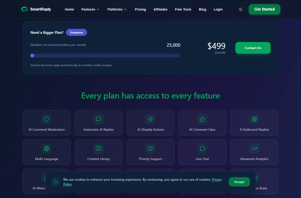 SmartReply pricing page with plan tiers