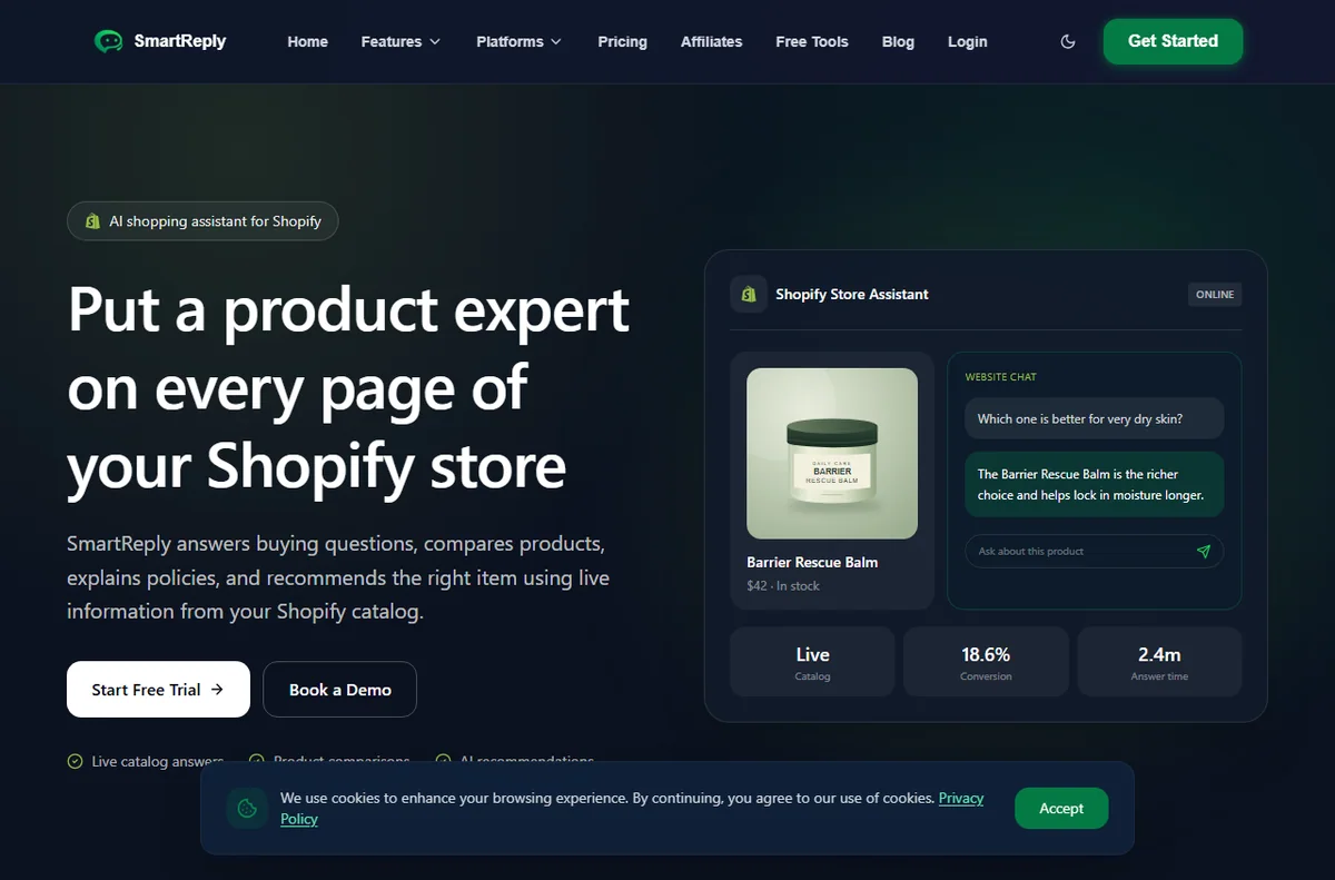SmartReply Shopify website chatbot page