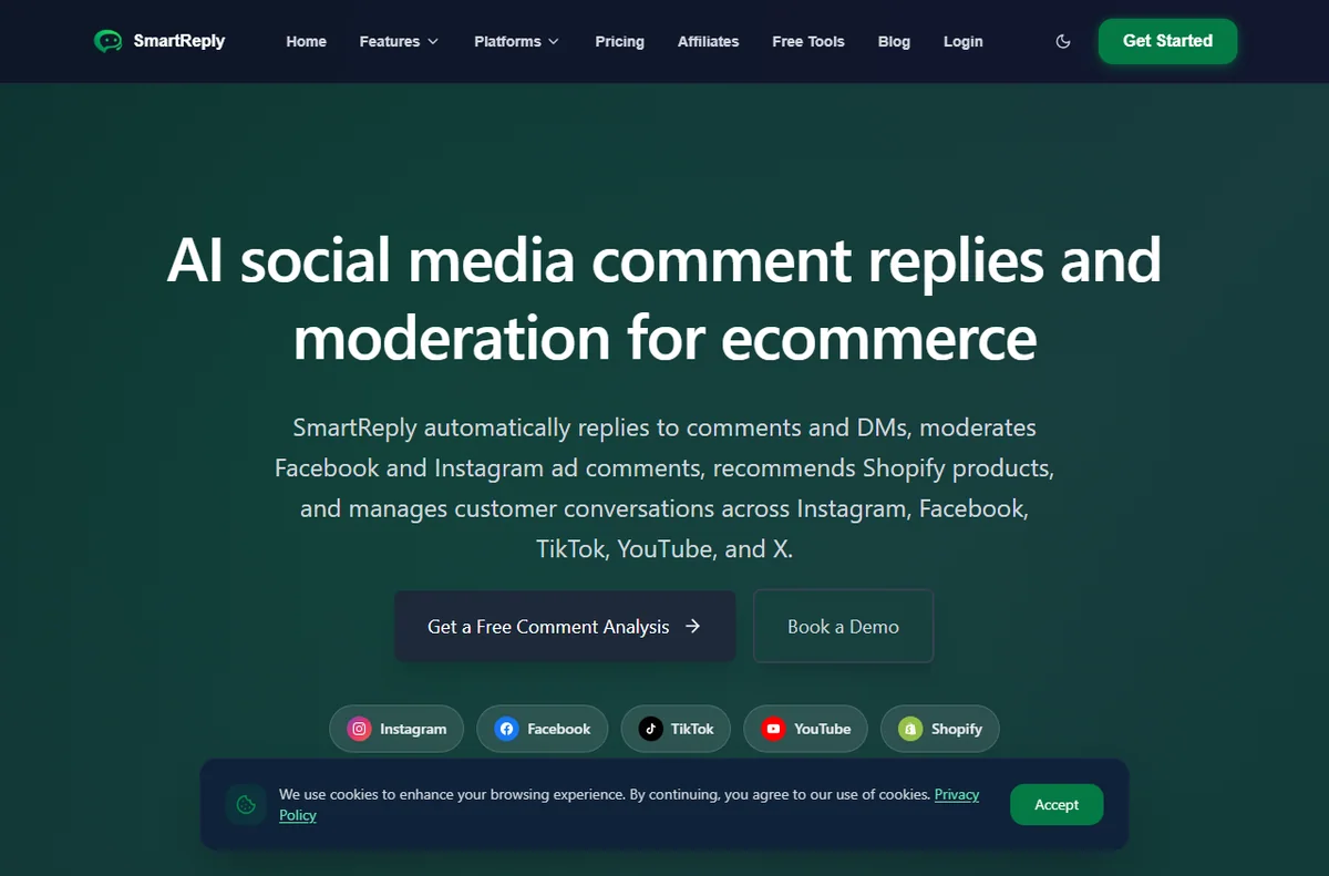 SmartReply Social AI page for comments and direct messages