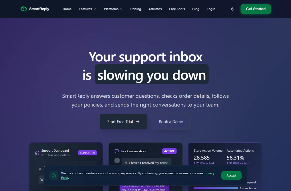 SmartReply Support AI page for automated ticketing