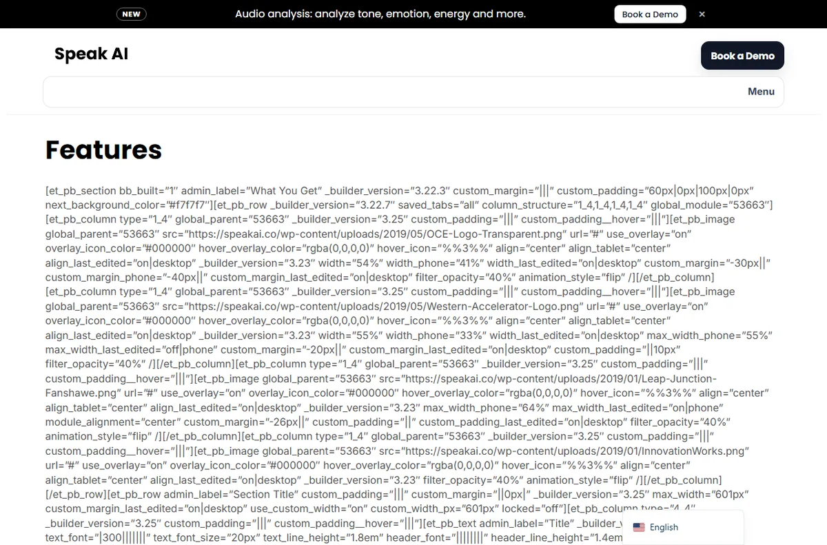 Speak AI features page listing analysis capabilities