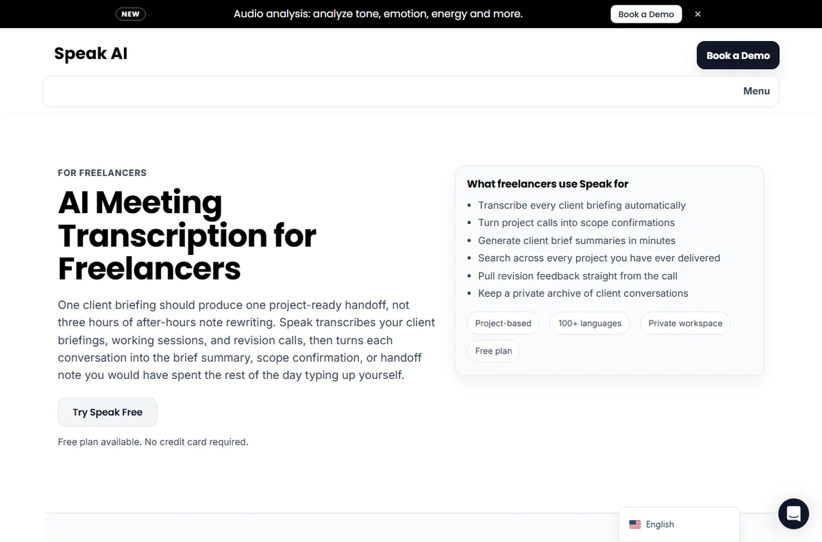 Speak AI transcription solution page for freelancers