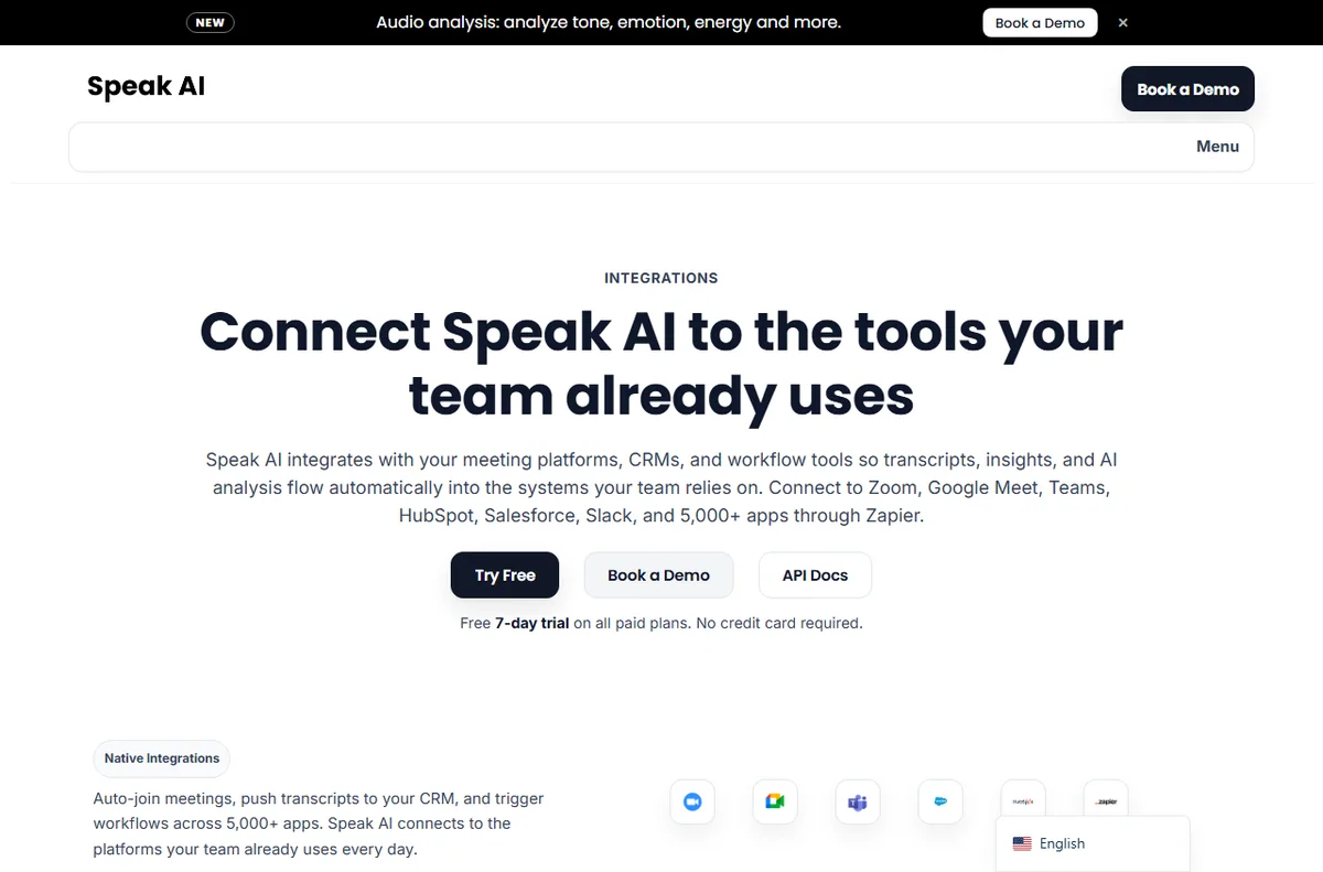 Speak AI integrations page listing connected tools