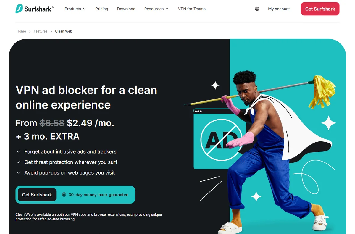 Surfshark CleanWeb ad and tracker blocker feature page