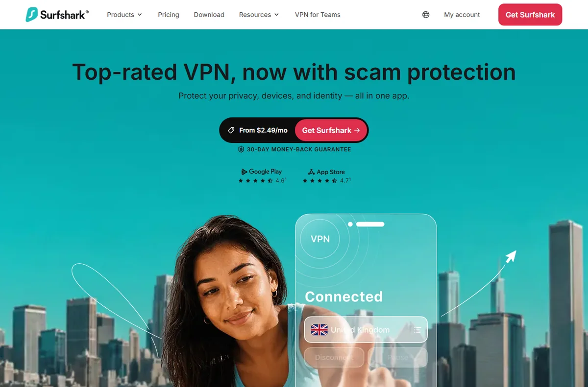 Surfshark official homepage for its VPN and security products