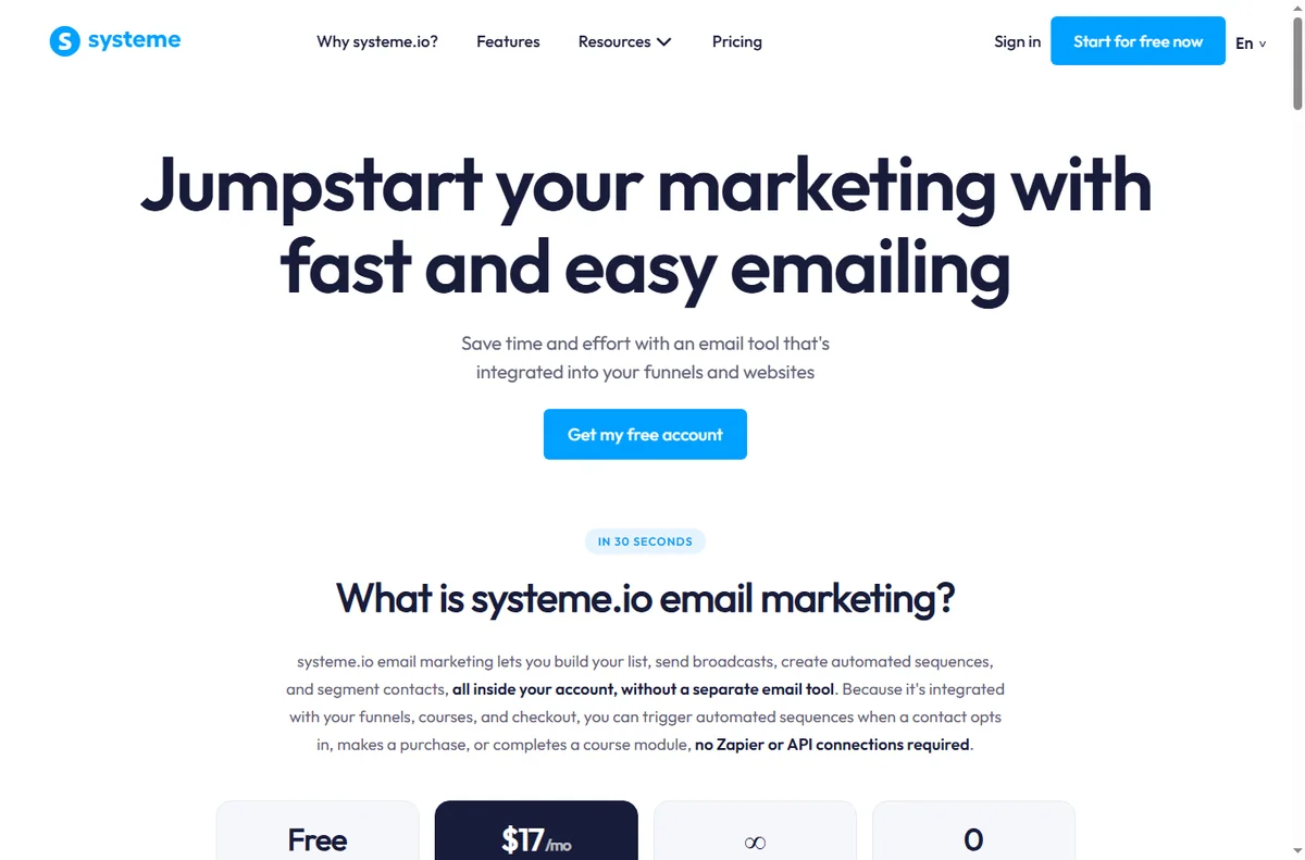 Systeme.io email marketing features page