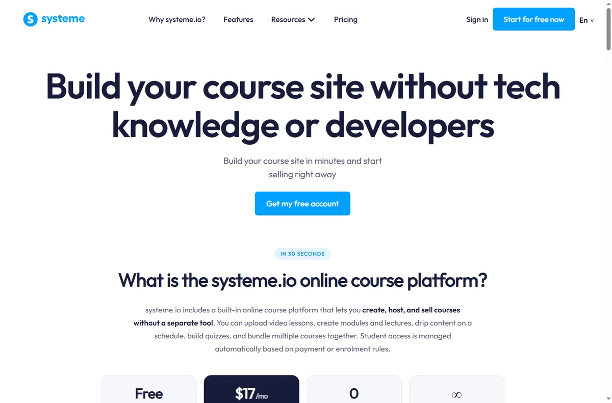 Systeme.io online courses features page
