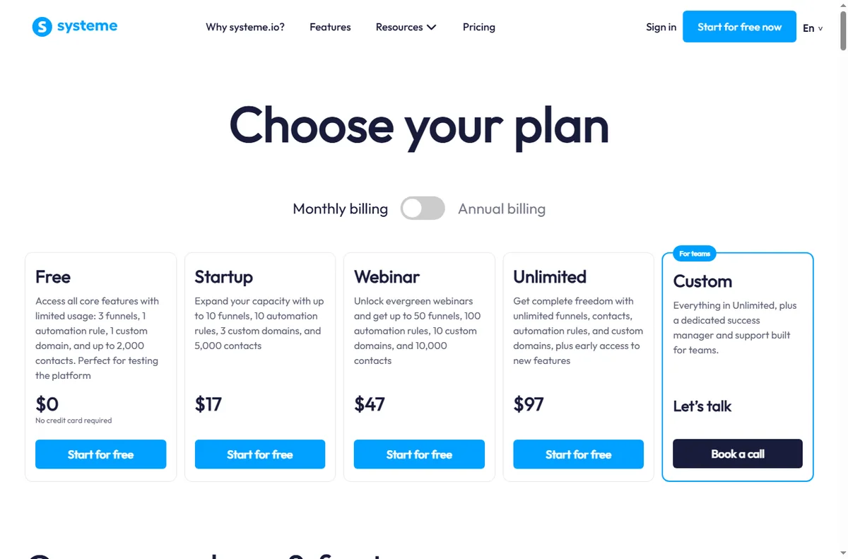 Systeme.io pricing page with plan and payment options