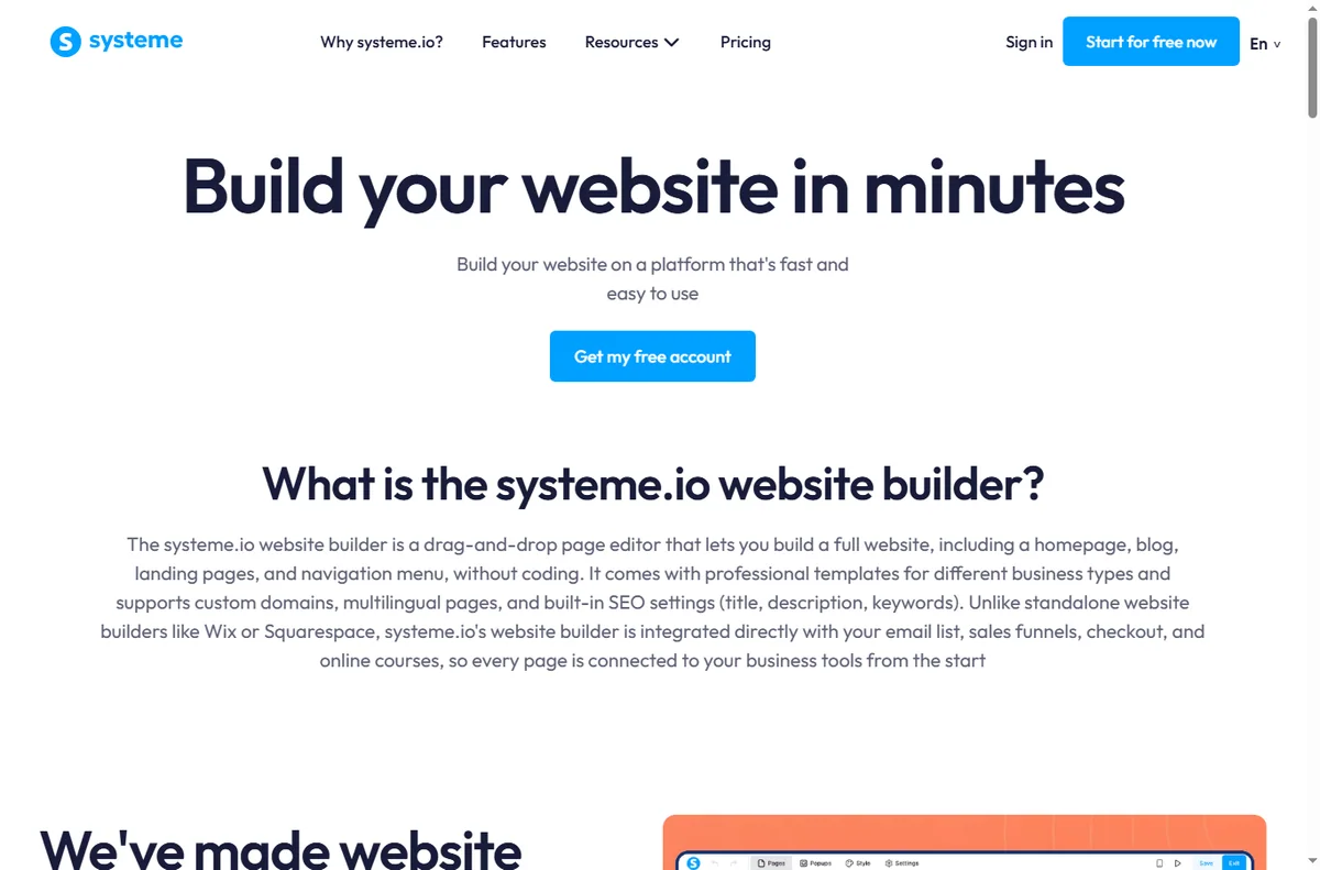 Systeme.io website and page builder page