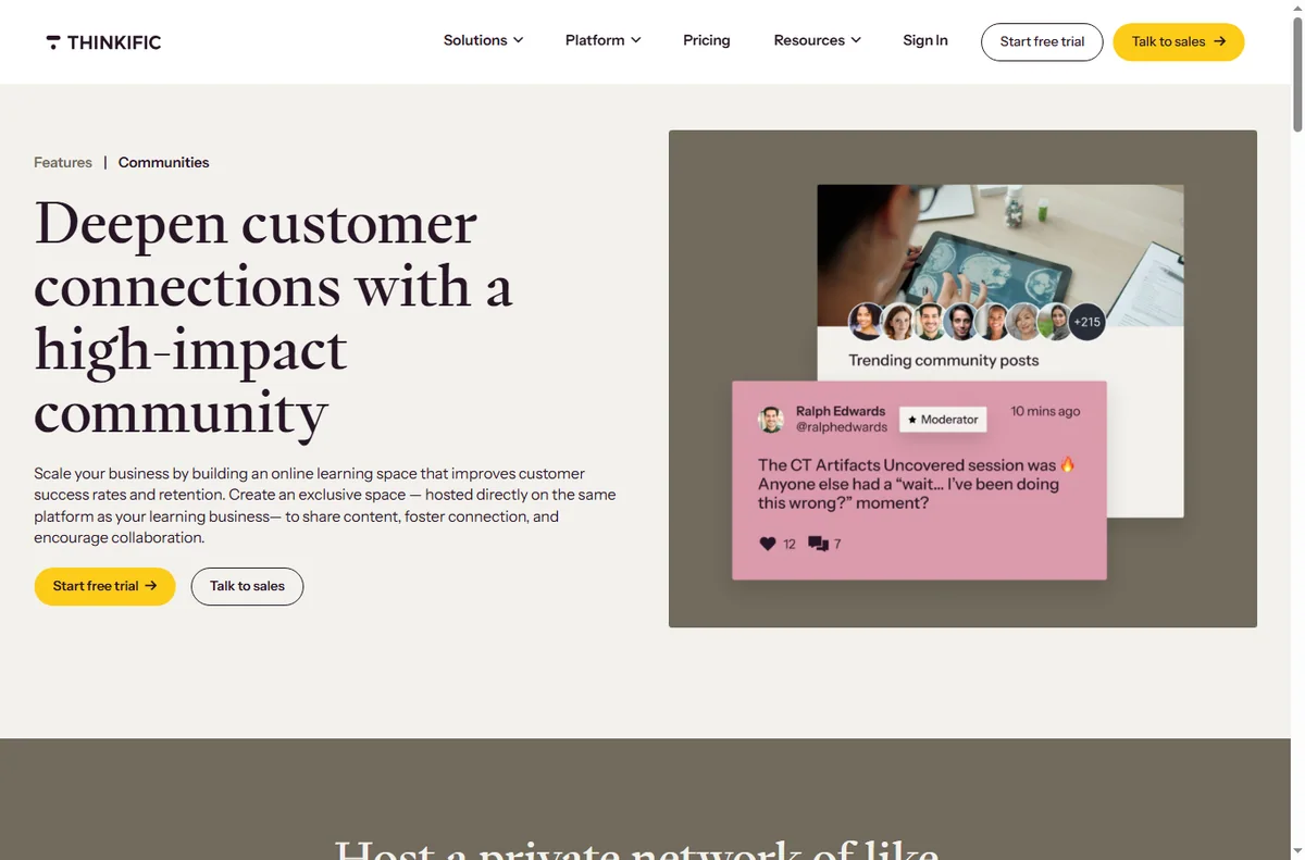 Thinkific learning communities feature page