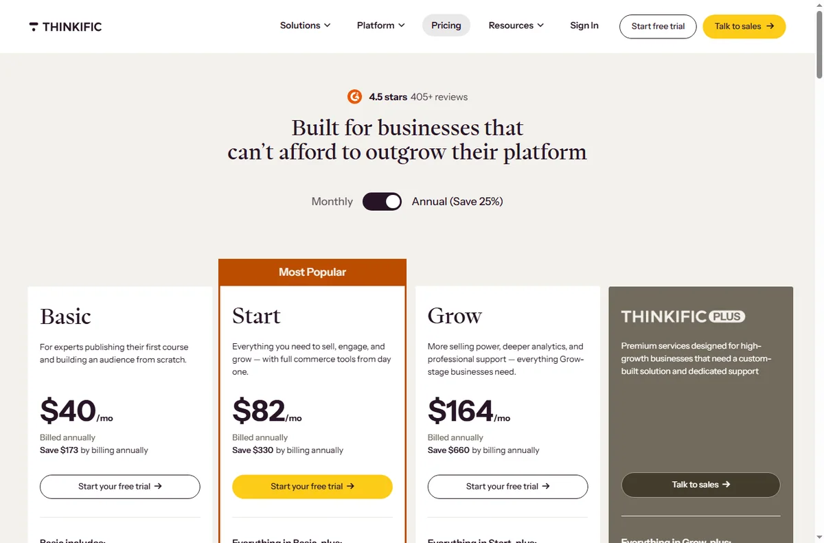Thinkific pricing plans and tiers
