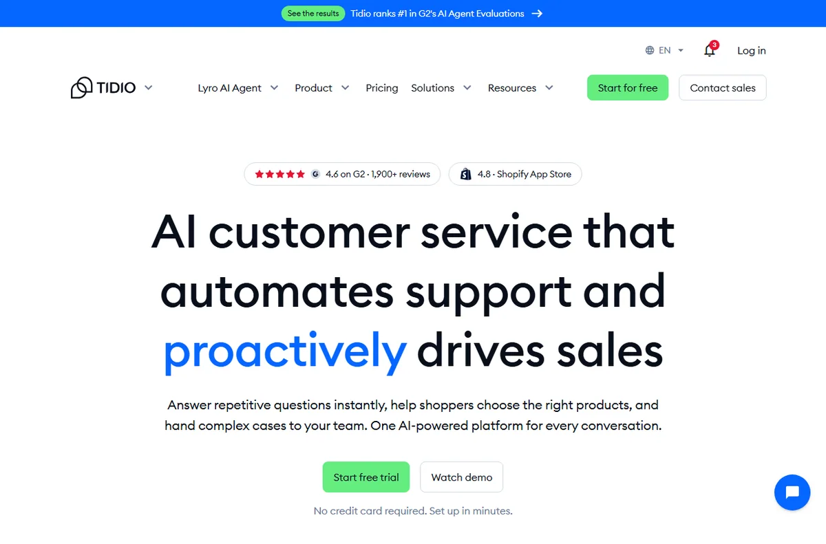 Tidio AI customer service homepage
