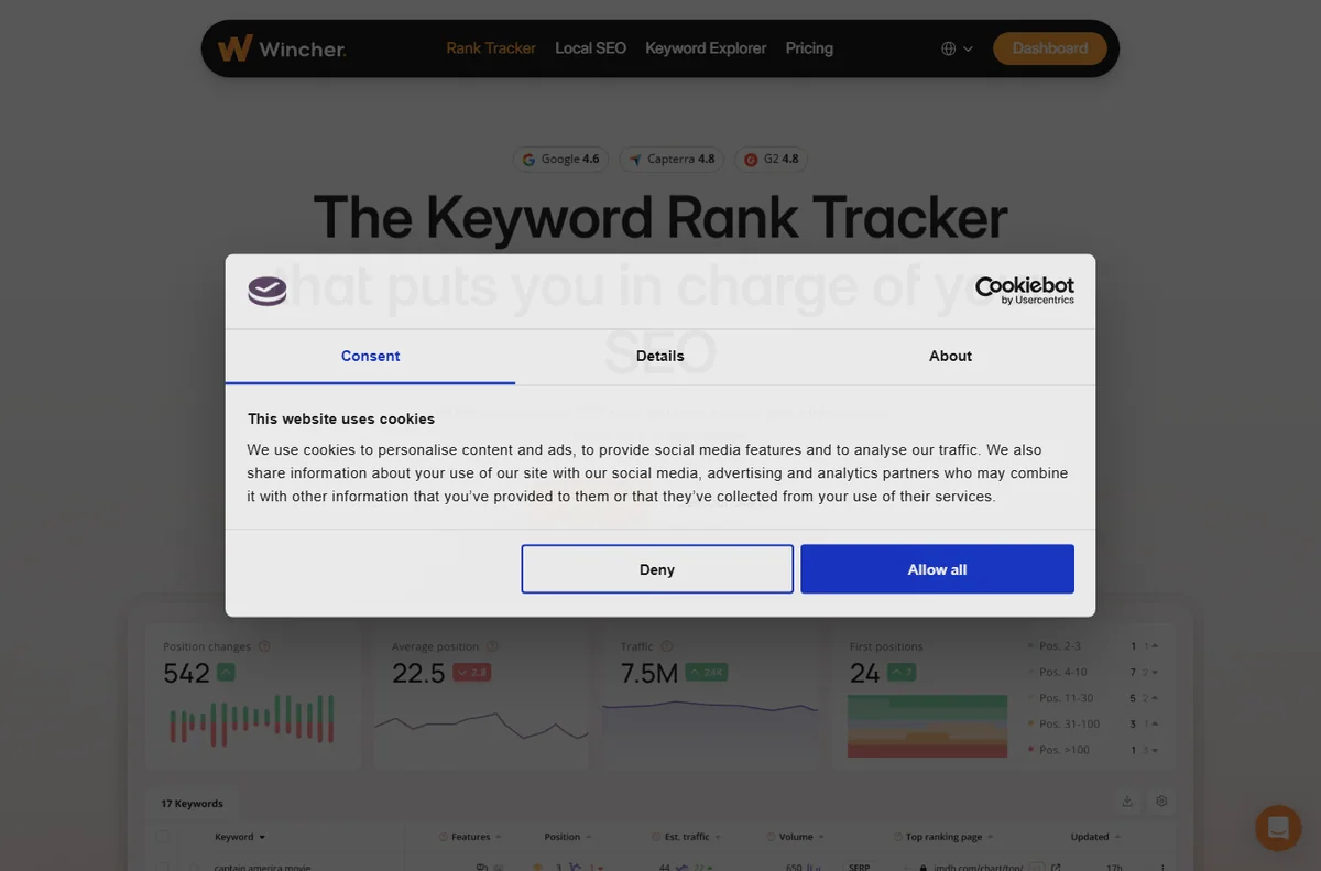 Wincher rank tracker page