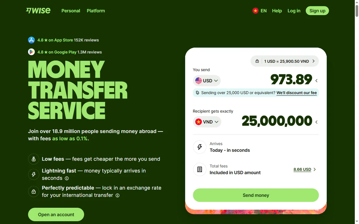 Wise international money transfer page