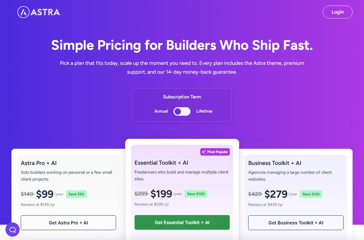 Astra WordPress theme pricing and plans