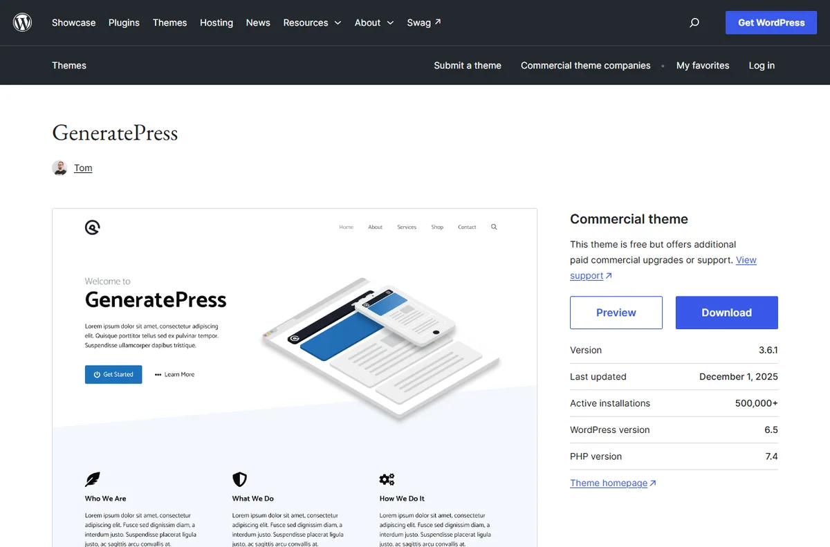 GeneratePress theme listing on the WordPress theme directory
