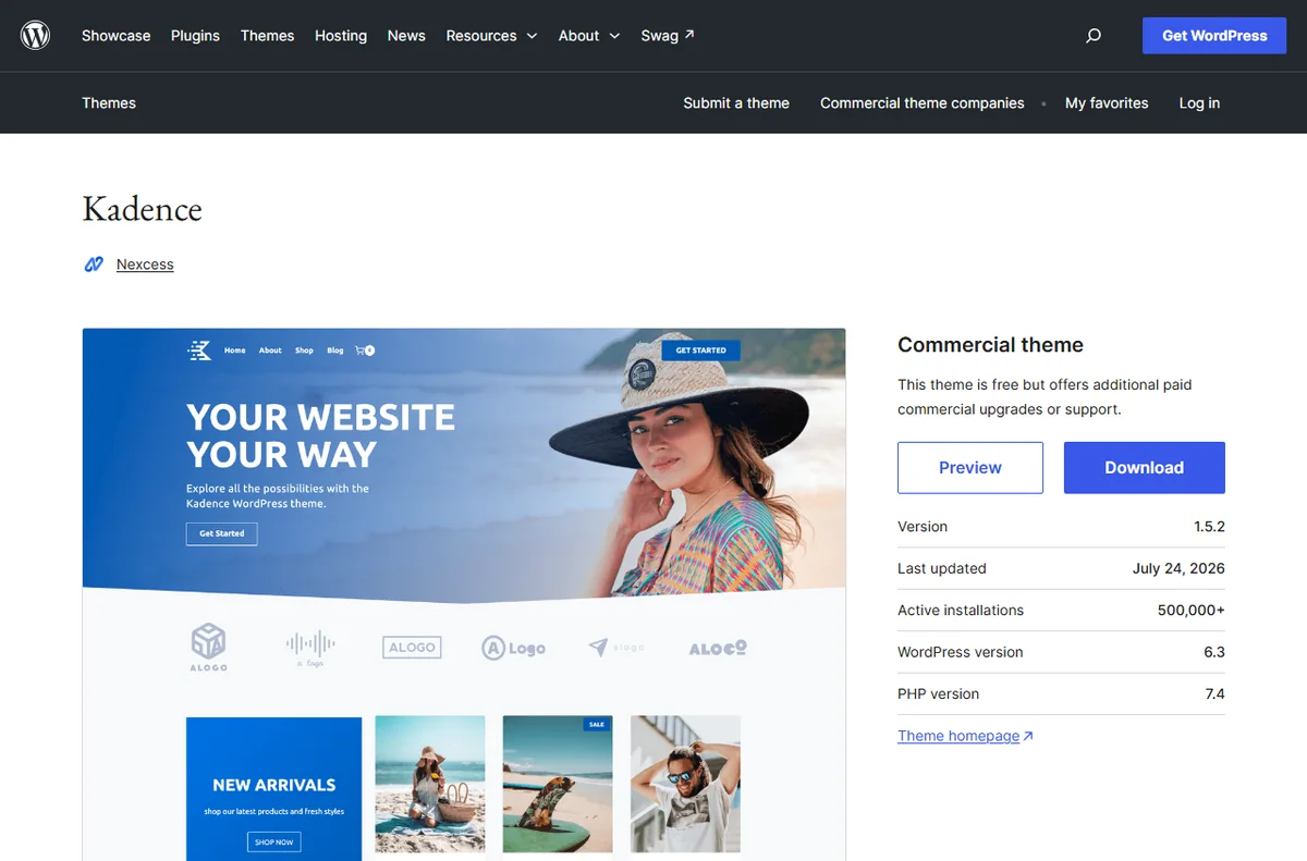 Kadence theme listing on the WordPress theme directory