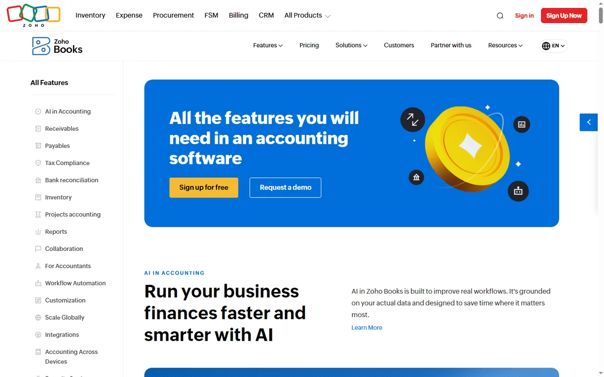 Zoho Books features page