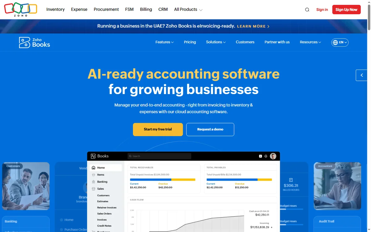 Zoho Books accounting homepage