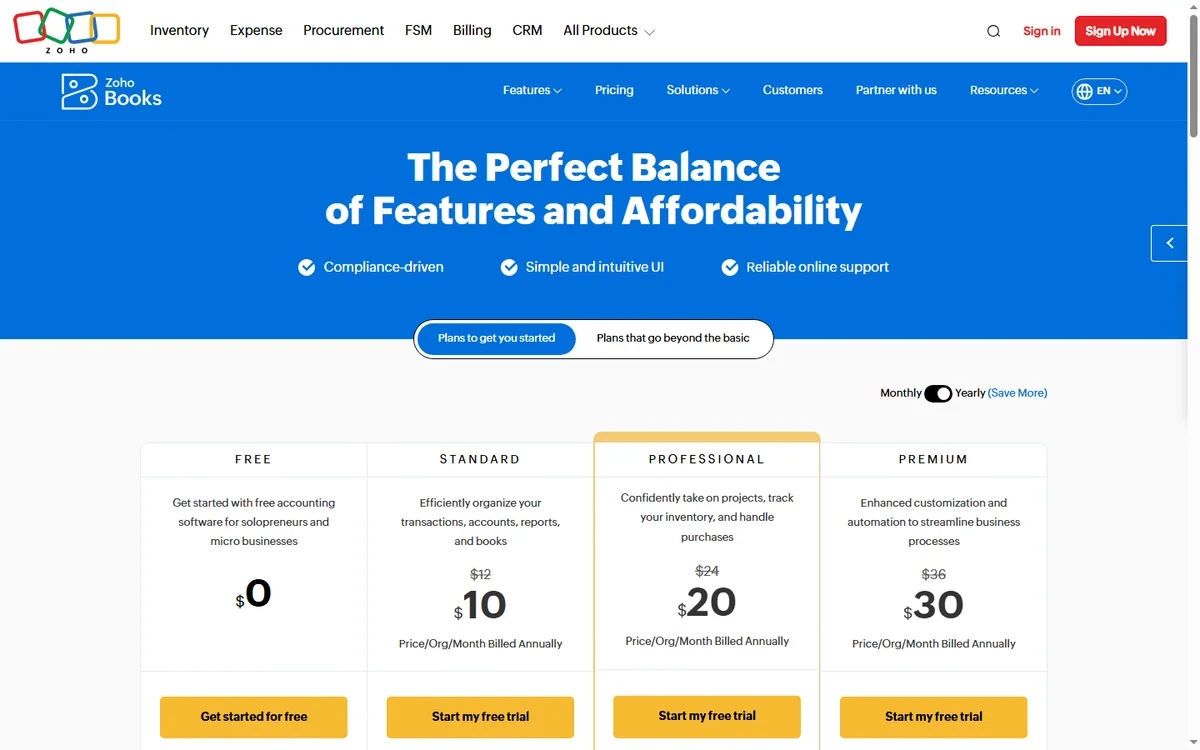 Zoho Books pricing plans