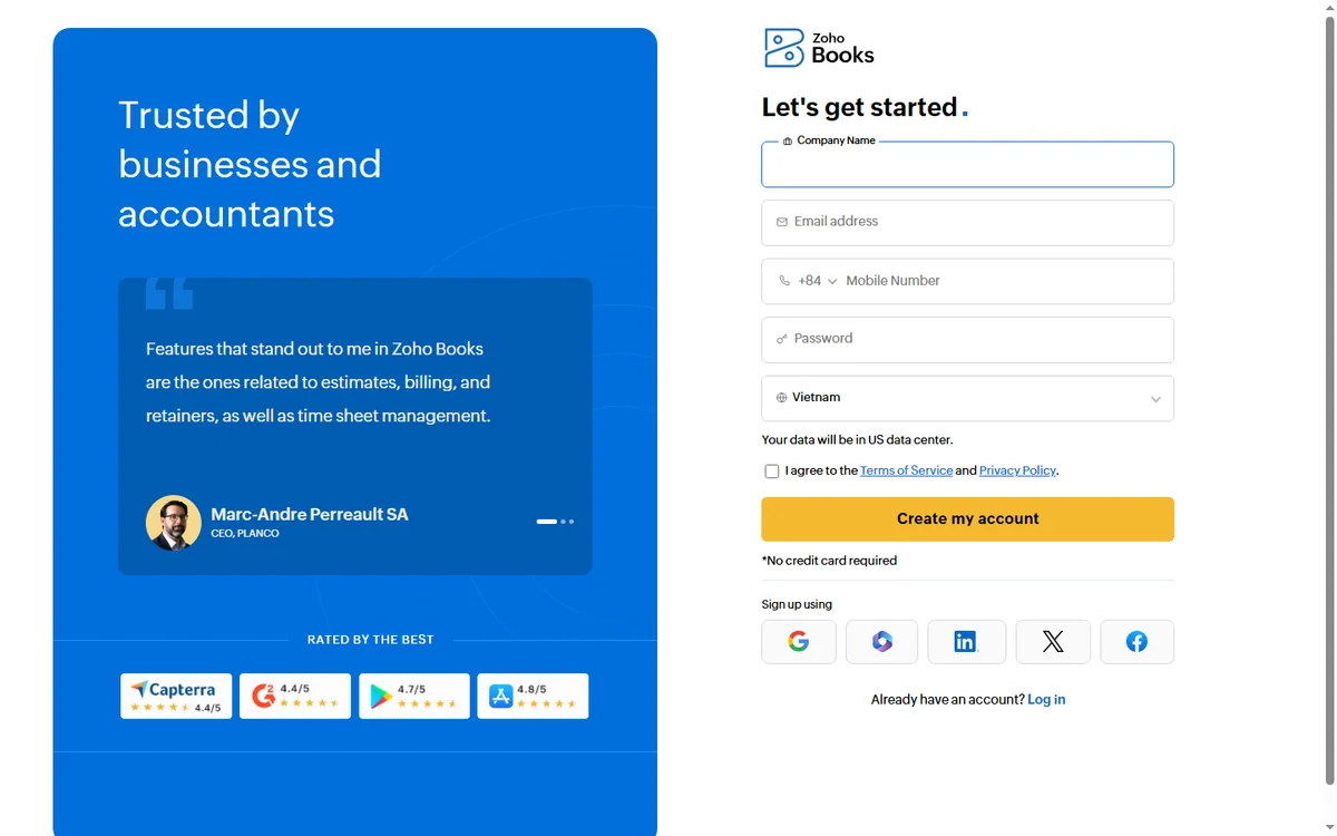 Zoho Books signup page