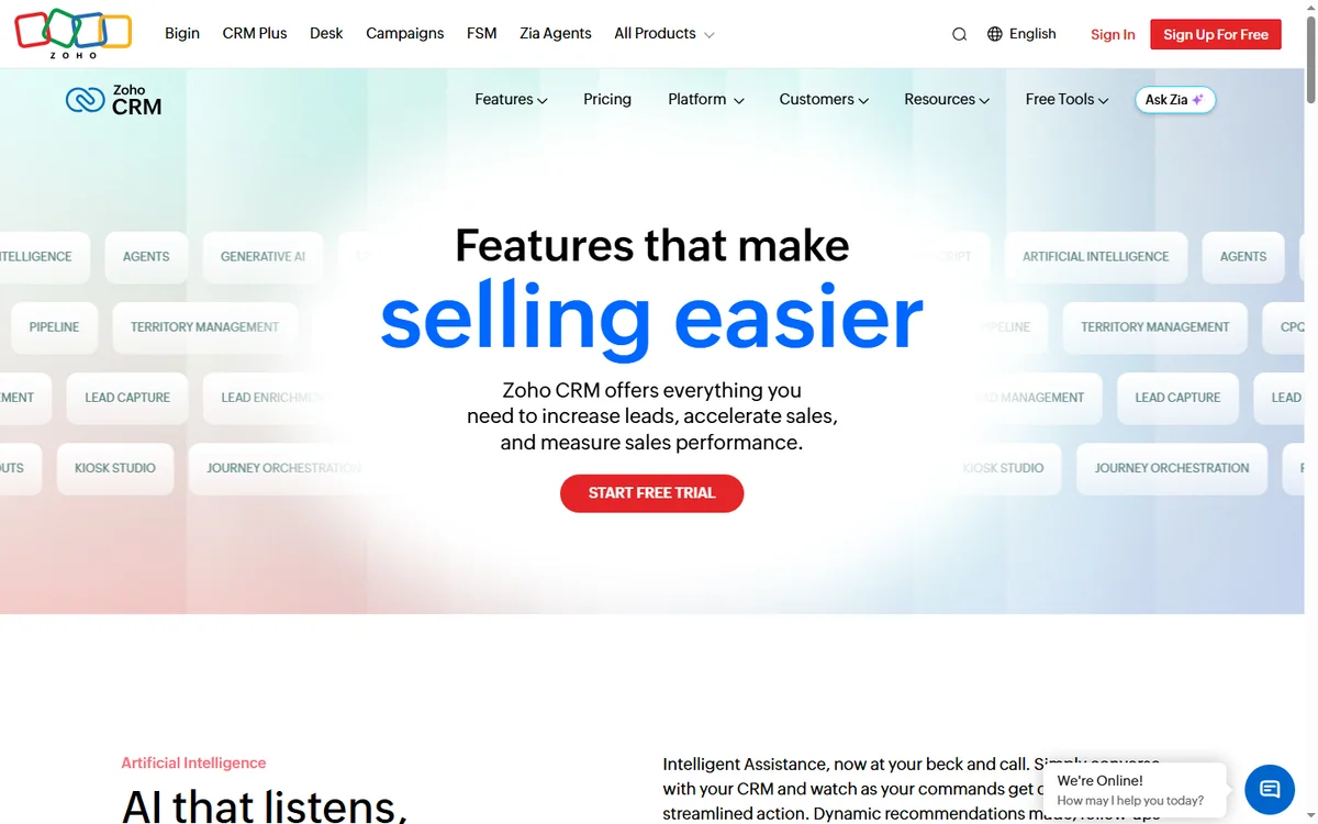 Zoho CRM features page