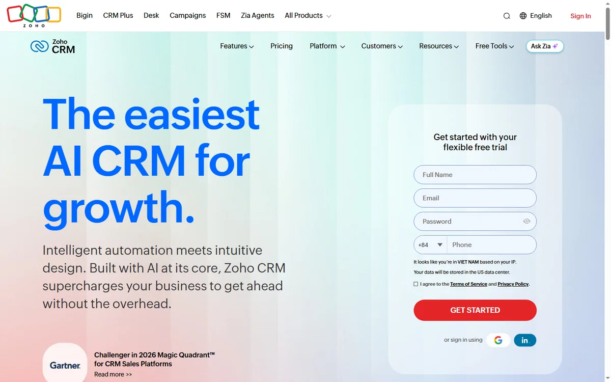Zoho CRM product homepage