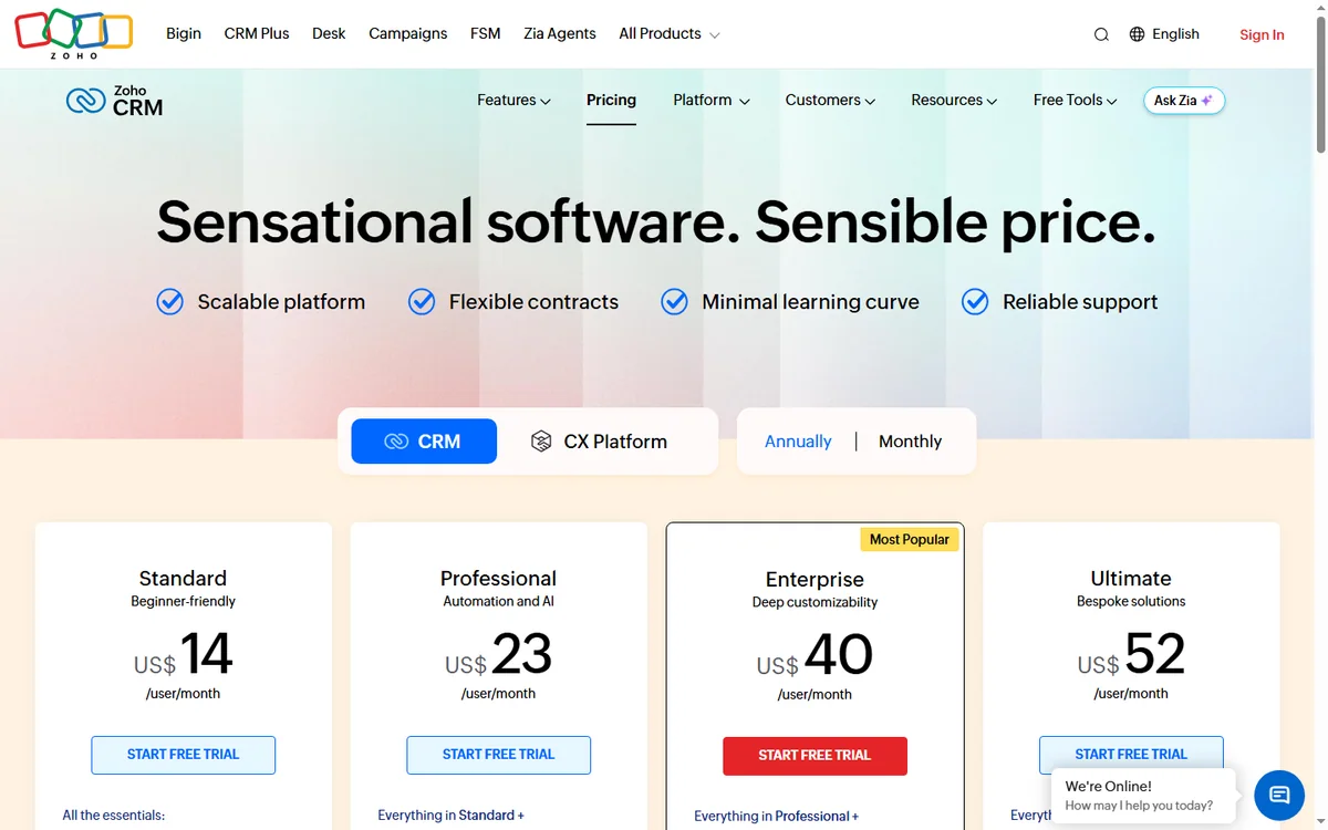 Zoho CRM pricing plans
